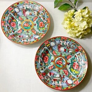 Two Vintage Hand Painted Plates Decorated In Hong Kong